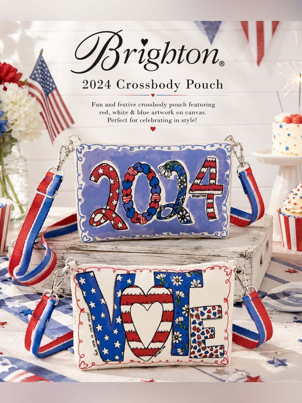 Brighton 2024 Crossbody Pouch red, white and blue patriot colors.
